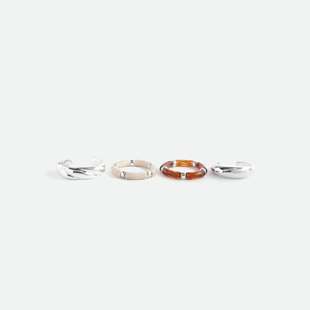 4 Set Silver Tone Twisted Cuff Amber Tortoiseshell Resin Bangle Set